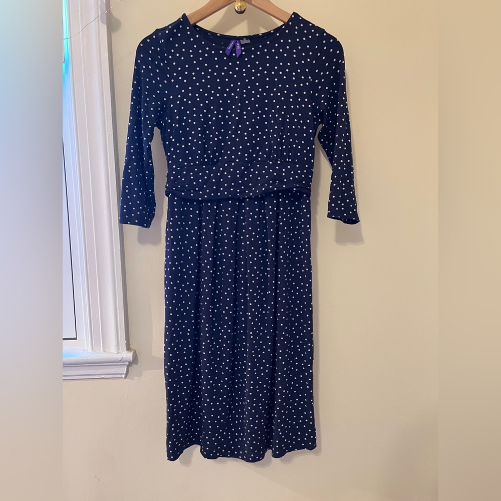 Seraphine navy blue polka dot nursing dress also suitable for maternity